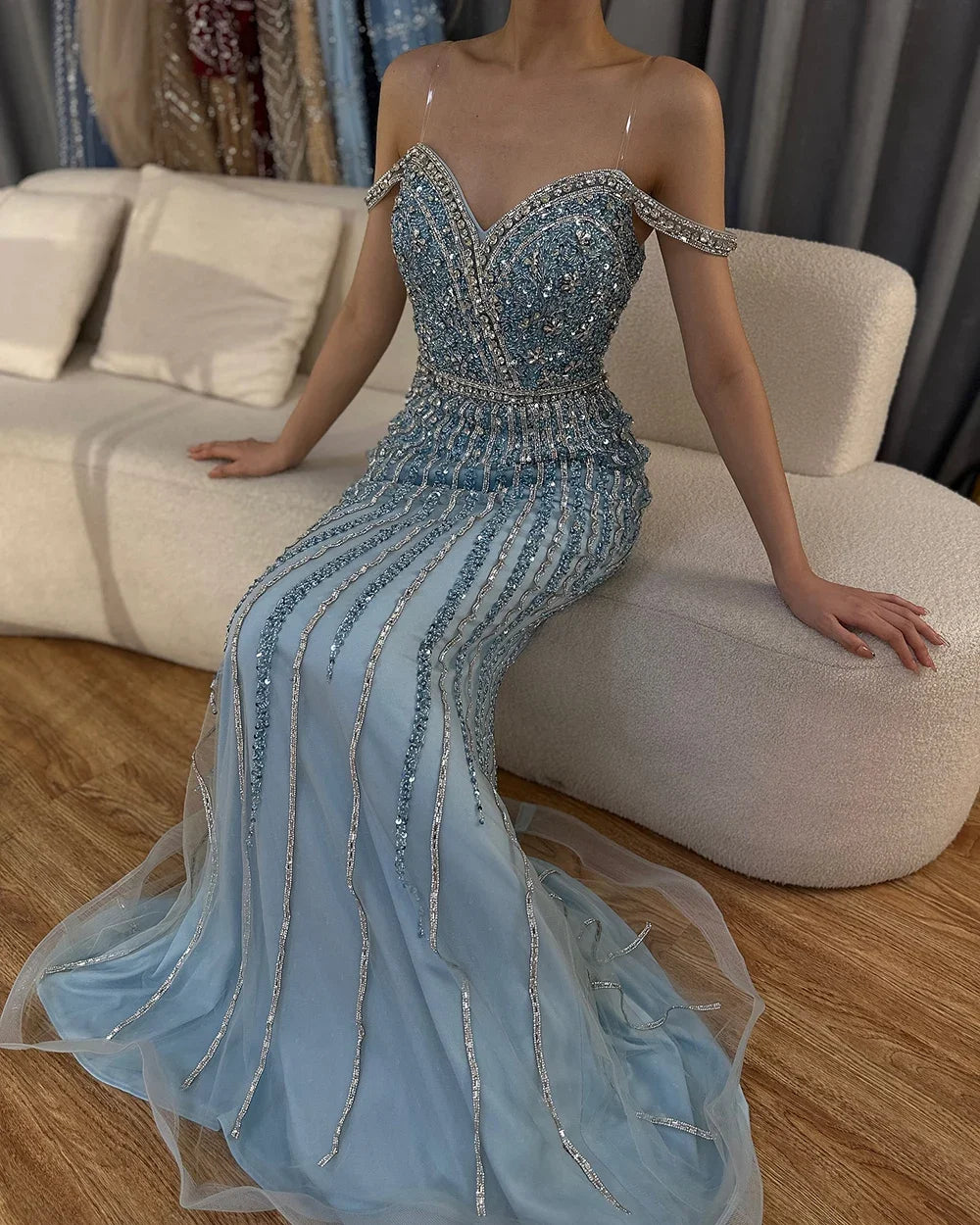 2025 Blue Prom Mermaid Gown Beaded Luxury Saudi Evening Dress for Formal Occasion Customize