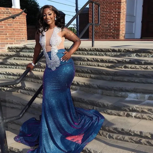 Sparkly African American Long Prom Dresses For Black Girls Mermaid Sheer Sequins Crystals Women Elegant Evening Gown Customized