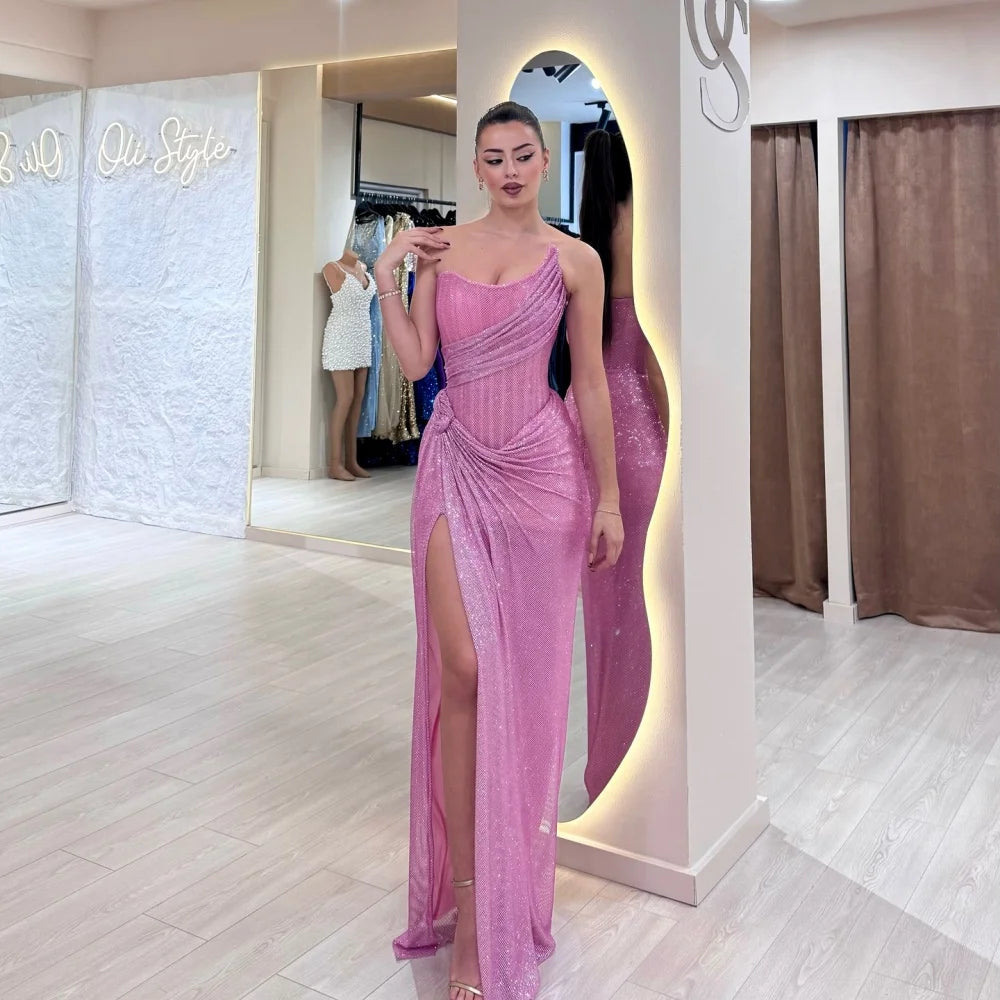 Customized Pink Sequin Side Slit robes de soirée Strapless Backless Sleeveless Party Dresses Floor-Length Prom Dress 2025