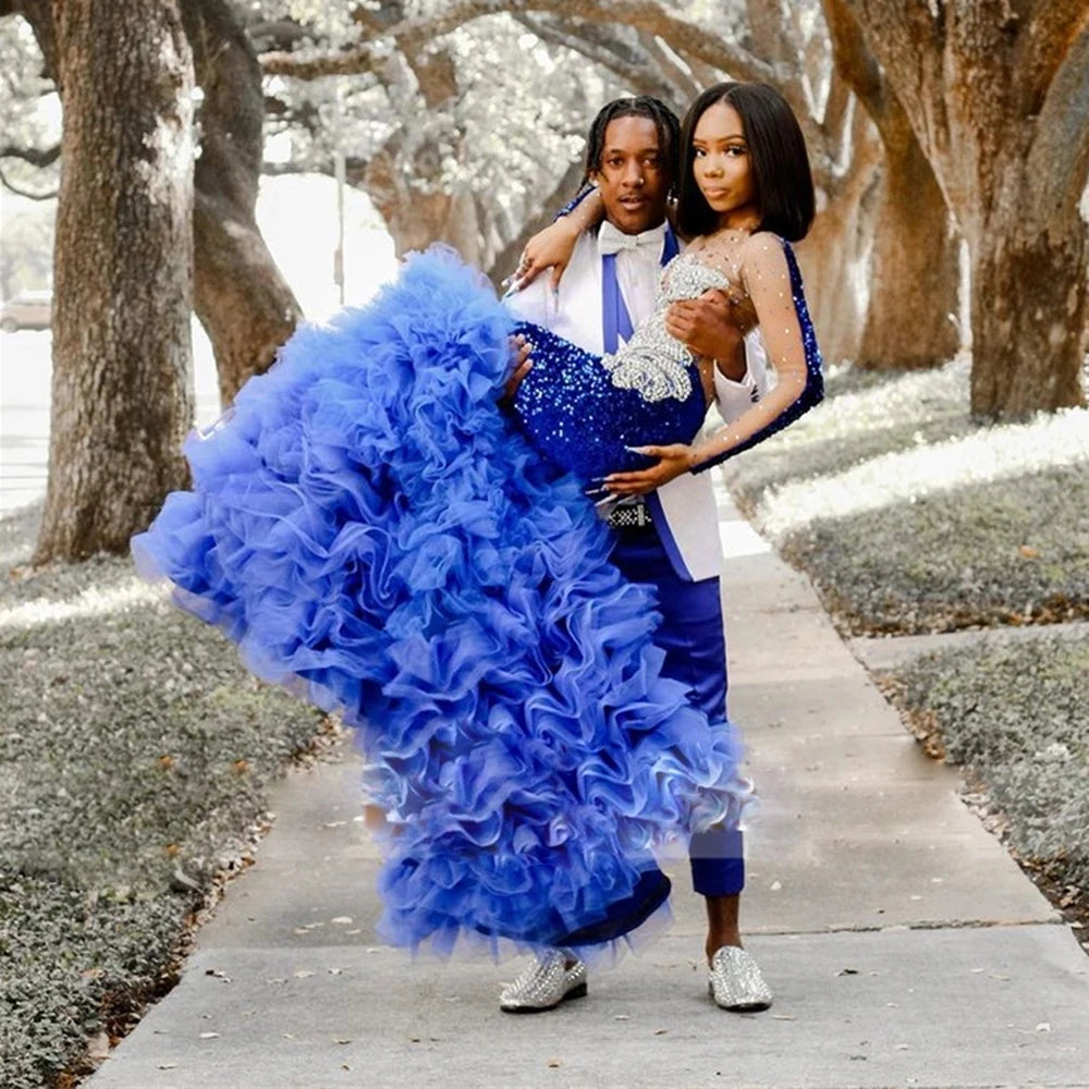 Royal Blue South African Prom Dresses Mermaid Long Sleeves Tulle Beded Black Girls Robe De Soiree Evening Gown Customized