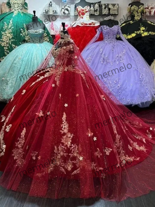 Luxury Satin Quinceanera Dresses With Cape Gold Beading Butterfly Lace