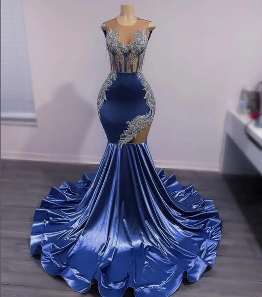 Royal Blue Shiny Mermaid Prom Gala Dresses Sparkly Diamond Sheer Mesh Customsized Black Girl Evening Birthday Party Gown