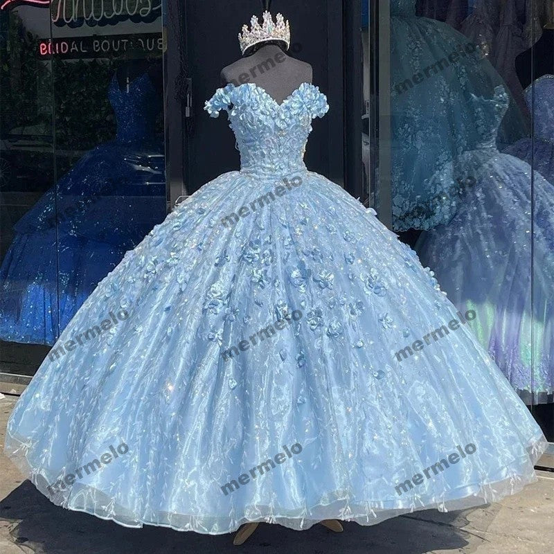 Light Blue 3D Flower Off Shoulder Quinceanera Dresses With Cape