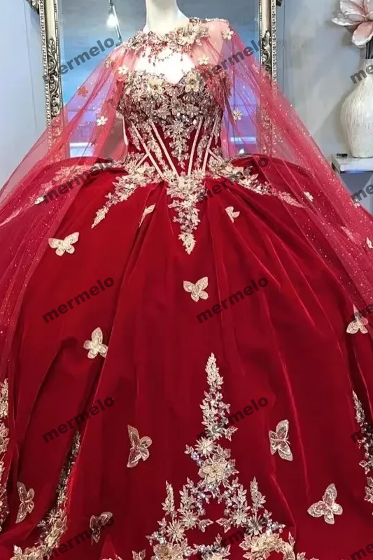 Red Gold Butterfly Applique Quinceanera Dresses Beading Off Shoulder Ball Gown With Cape
