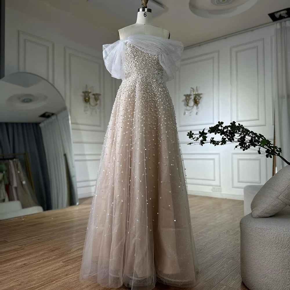 Arabic Blue Off The Shoulder Beaded Elegant A-Line Long Evening Dresses Gowns for Formal Occasion