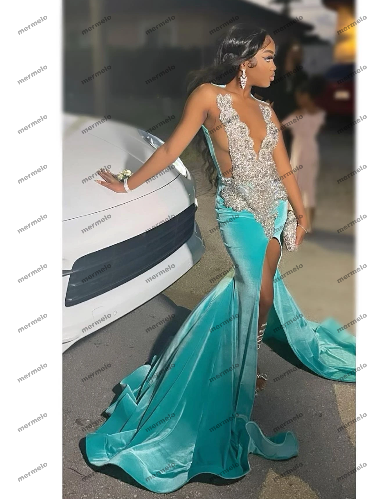Mint Rhinestone Velvet Prom Dress For Black Girls High Slit Silver Diamond Crystals Beaded Party Gala Gown
