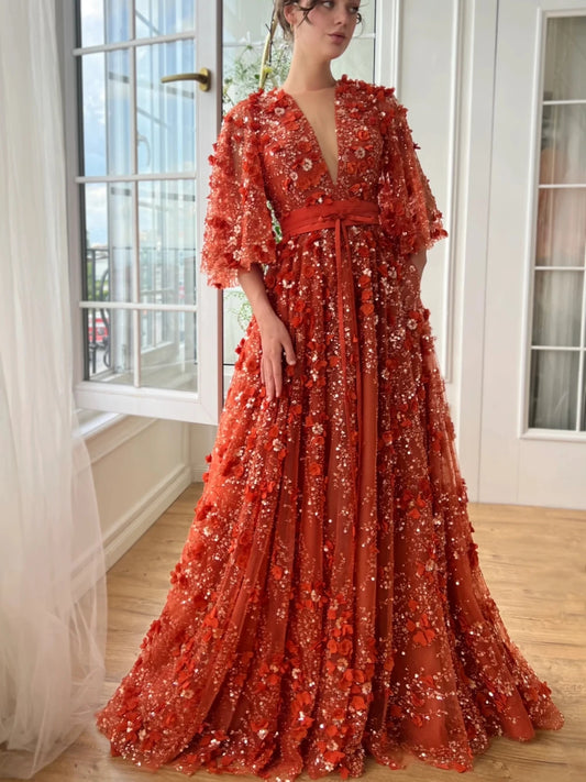 Glitter A Line Evening Dress Charming Appliques Beading Cocktail Half Sleeves Customized Luxurious Party Birthday Prom Gown