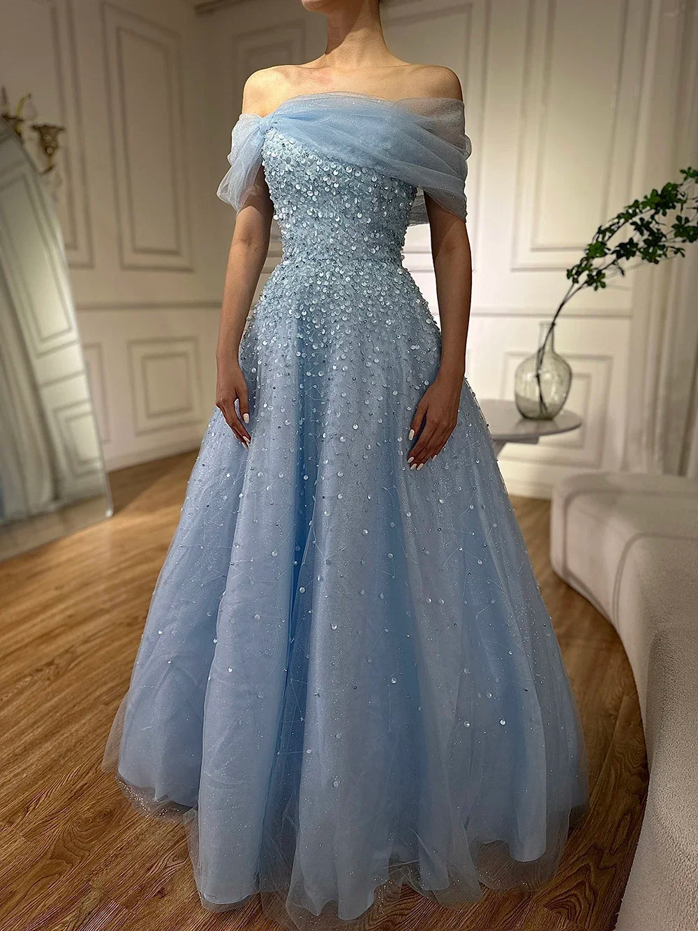 Arabic Blue Off The Shoulder Beaded Elegant A-Line Long Evening Dresses Gowns for Formal Occasion