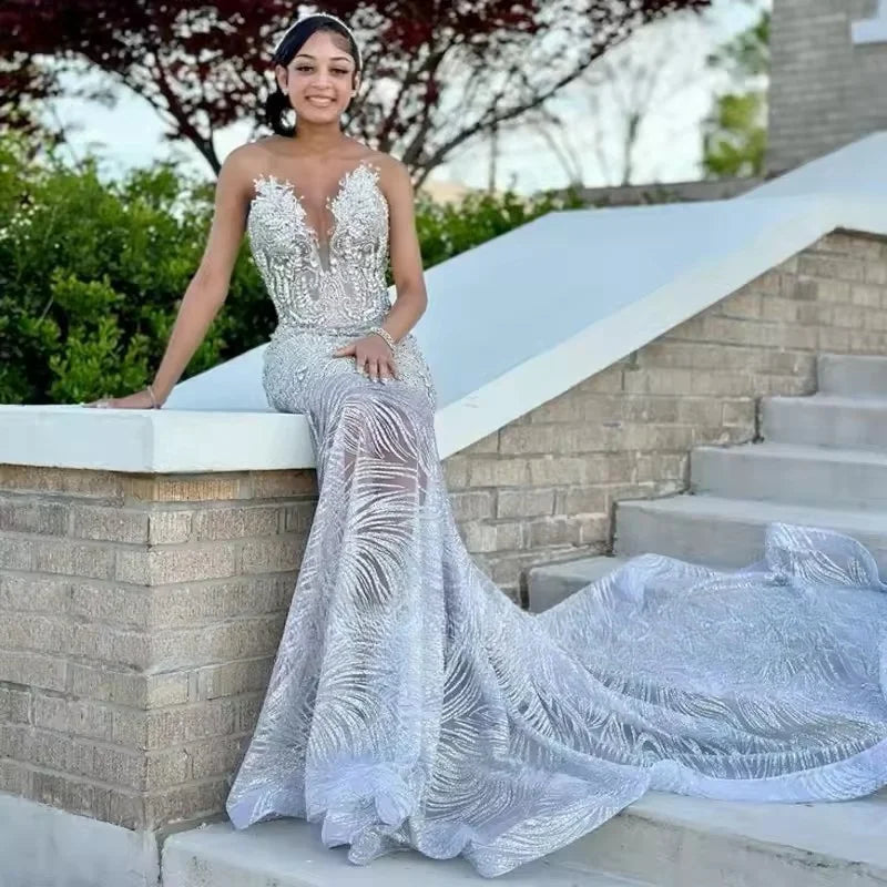 Luxury Silver Crystal Mermaid Prom Dresses For Black Girls 2025 Customized Sheer Neck Birthday Evening Occasion Gowns Vestidos