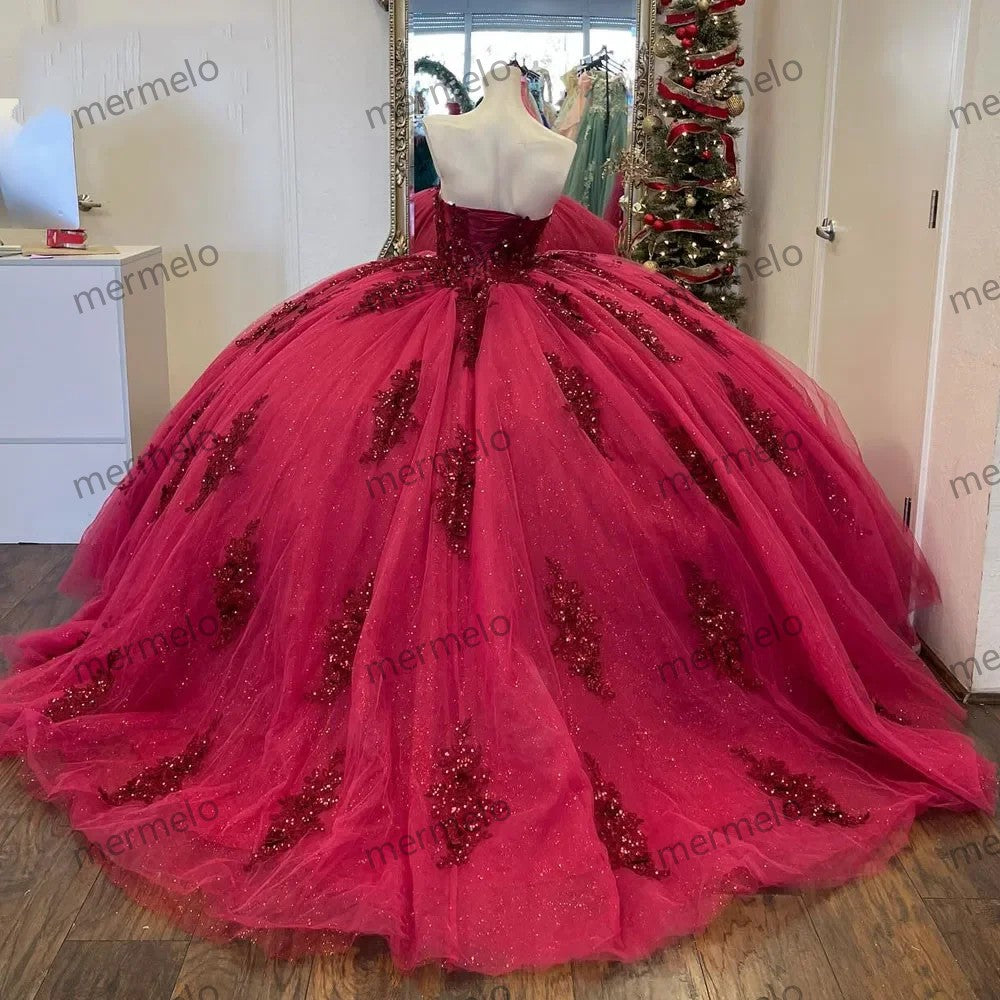 Burgundy Quinceanera Dresses Sweetheart Ball Gown Crystal Lace Appliques
