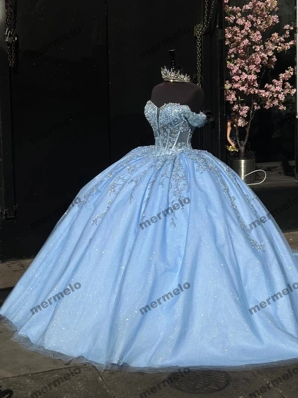 Blue Quinceanera Dresses Off-Shoulder Shiny Lace Beading Vestidos De 15 Anos Birthday Party Princess