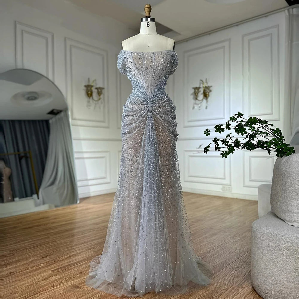 Silver Nude Off Shoulder Beaded Tulle Mermaid Evening Dresses Elegant Formal Gown