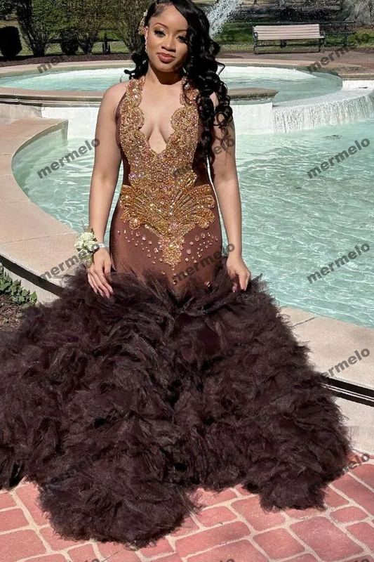 Chocolate Ruffles Skirt Prom Dress for Women Luxury Diamond Crystal Black Girl Evening Birthday Gown vestidos de gala