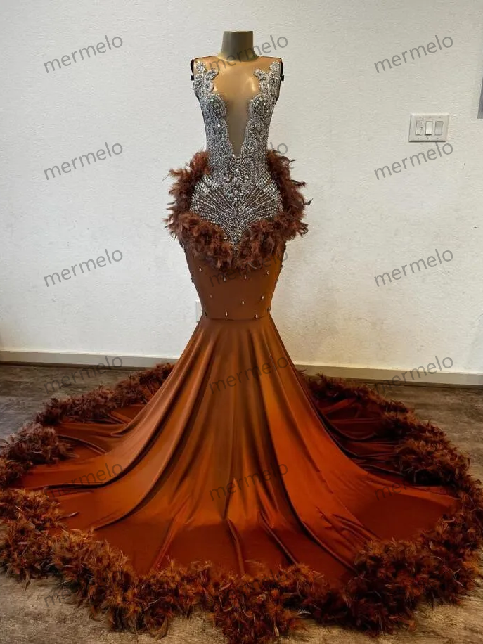 Brown Long Mermaid Prom Dresses for Black Girl Sparkly Luxury Diamond Crystal Feather African Evening Birthday Gala Gown