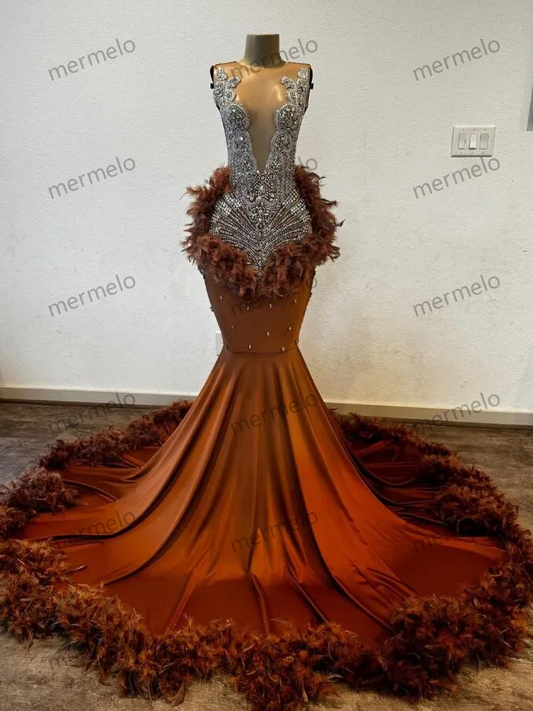 Brown Long Mermaid Prom Dresses for Black Girl Sparkly Luxury Diamond Crystal Feather African Evening Birthday Gala Gown