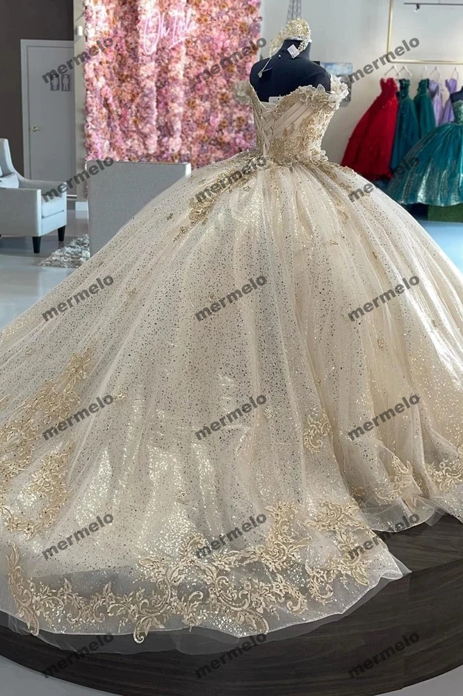 Glittering Quinceanera Dresses Vestidos De Años Ivory Champagne Lace Princess Dress Birthday Party Gowns Corset