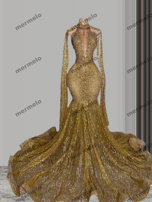 Gold Mermaid Prom Awards Show Dress with Cape Cloak Crystal Beaded Sequins Glitter Mesh Red Carpet Gown For Women