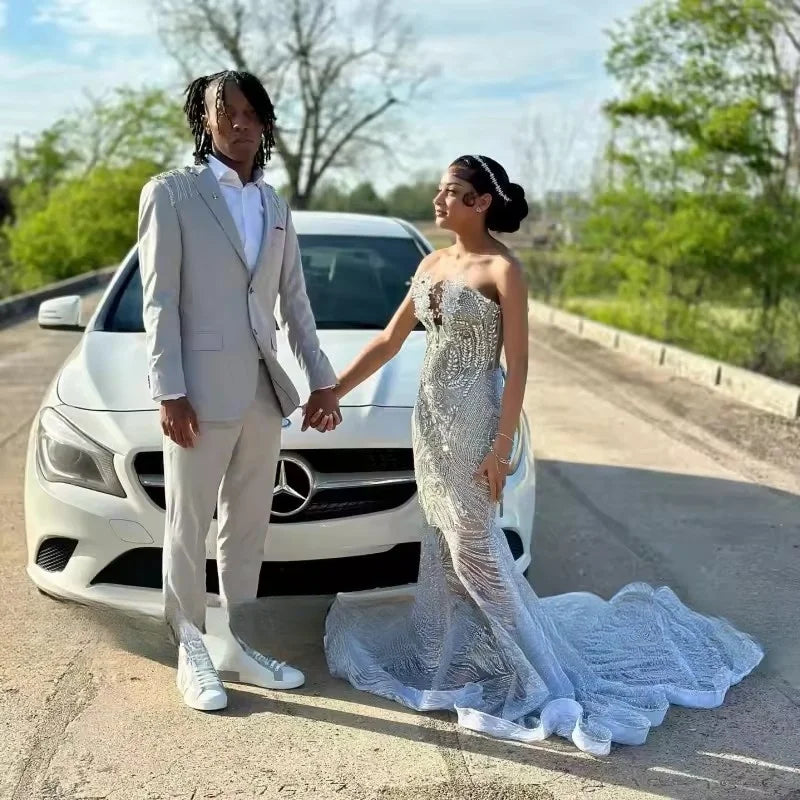 Luxury Silver Crystal Mermaid Prom Dresses For Black Girls 2025 Customized Sheer Neck Birthday Evening Occasion Gowns Vestidos