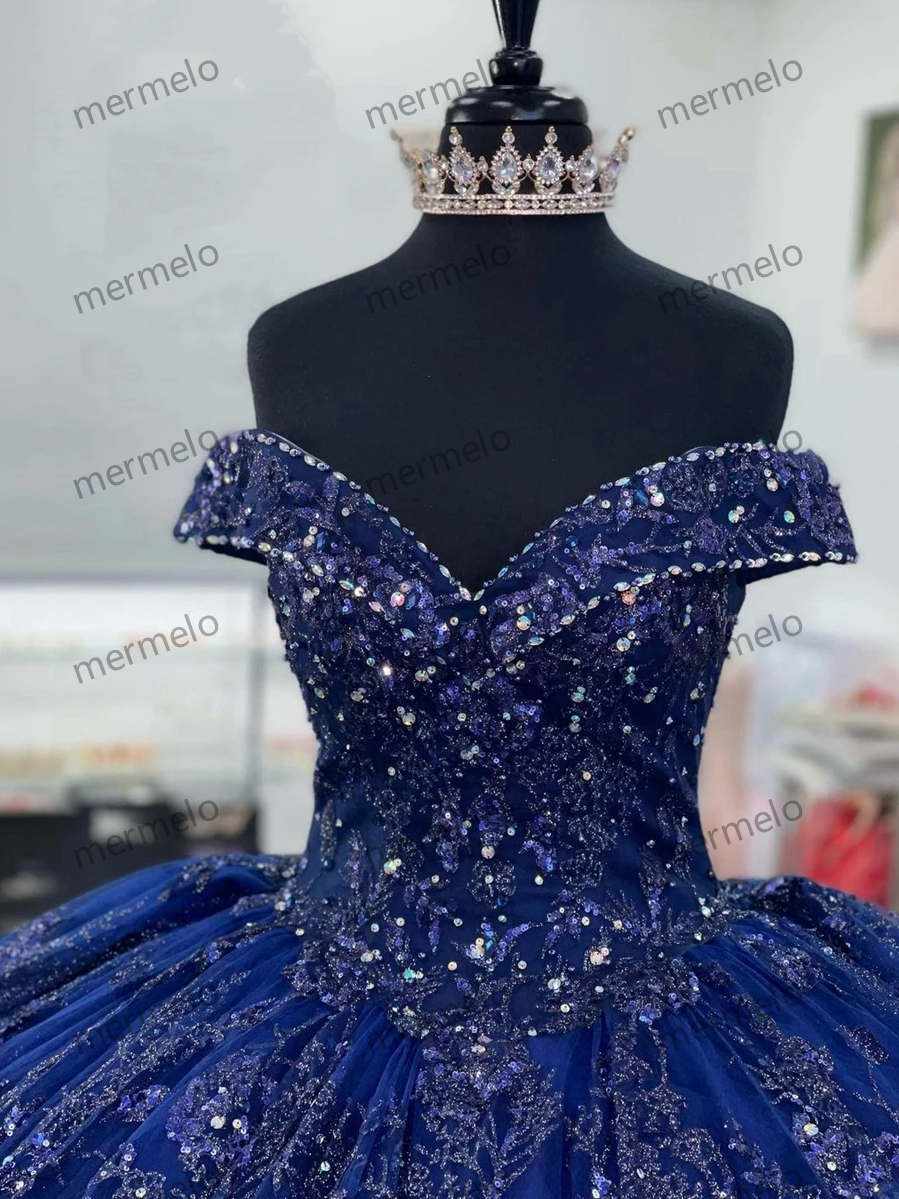 Navy Blue Off Shoulder Quinceanera Dresses Sweetheart Applique Ball Gown