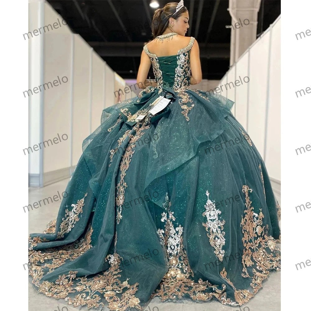 Glittering Quinceanera Dresses Gold Lace Appliques