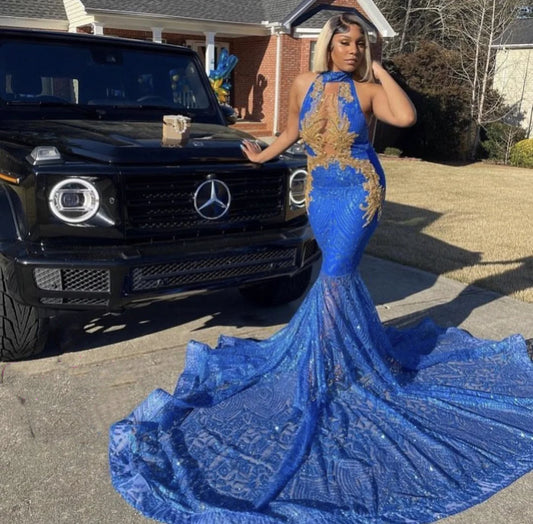 Sparkly Royal Blue Sequin Prom Dress Black Girls Luxury Mermaid Golden Bead Appliques Evening Party Gala Graduation Gown