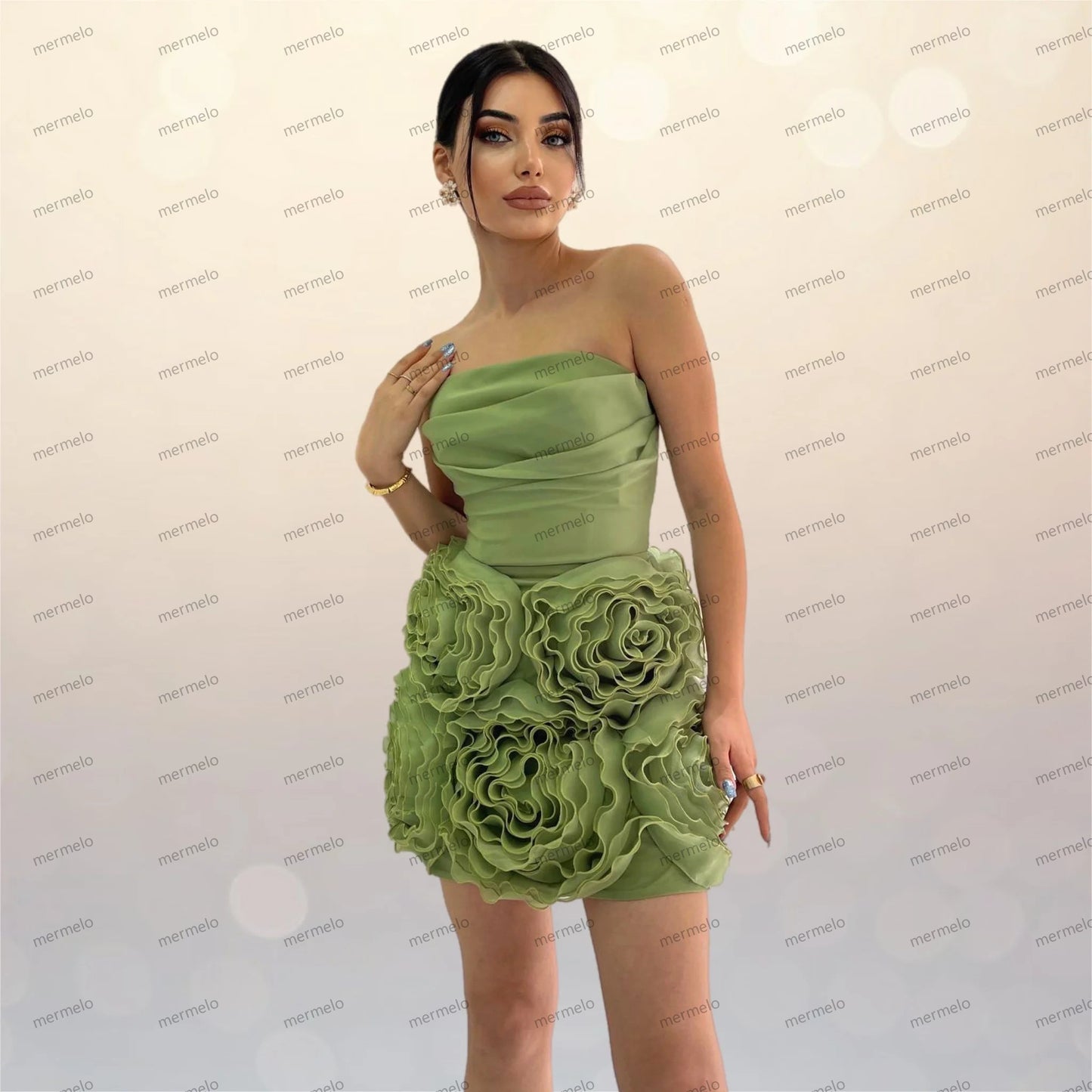 Grass Green Bloom Women Short Dresses To Birthday Wedding Party Pretty Flower Mini Propose Party Dress