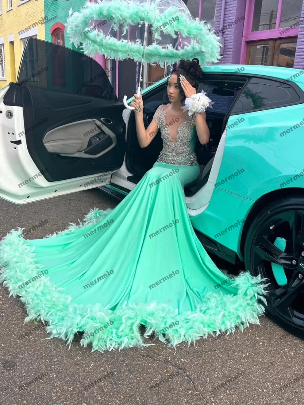 Mint Mermaid Prom Dress Luxury Silver Rhinestone Beads Black Girls Formal Gala Party Gown