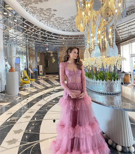 Dubai Purple Beading Tiered Ruffle Prom Dresses Heart Neckline Customized فساتين سهرات Long Sleeve robes de soirée