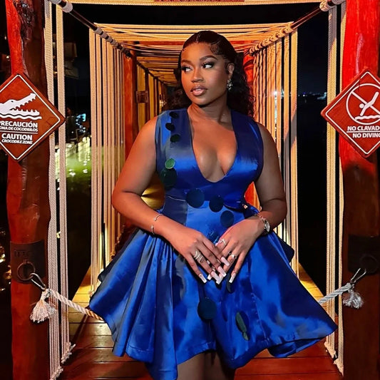 Royal Blue Cocktail Dress With Big Sequins Sexy Deep V Neck Aso Ebi Girls Party Gowns Custom Made Black Girls Birthday Dress