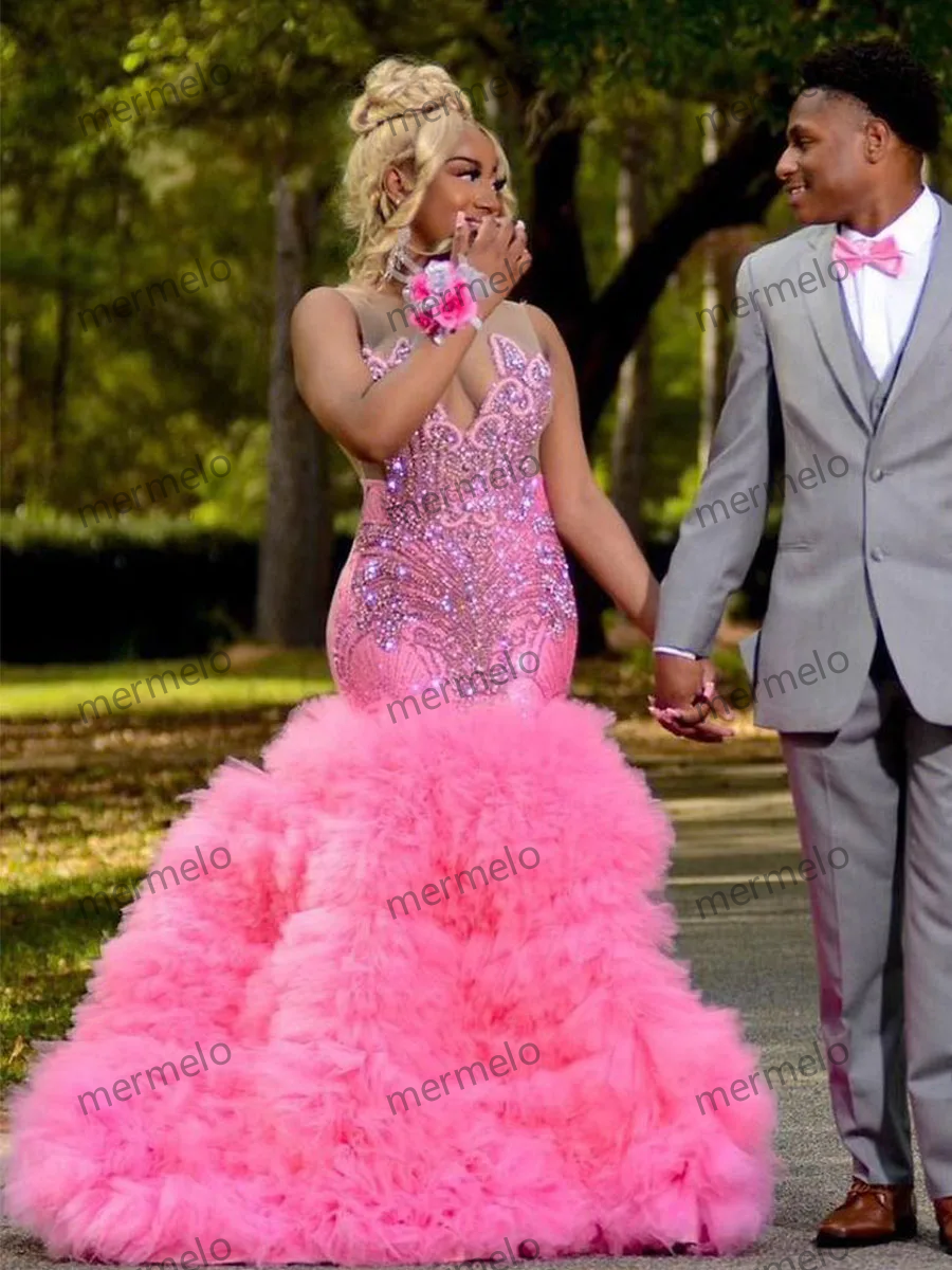 Pink V-Neck Paillette Layered Tulle Draped Pleat Crystal Open Back Prom Dress