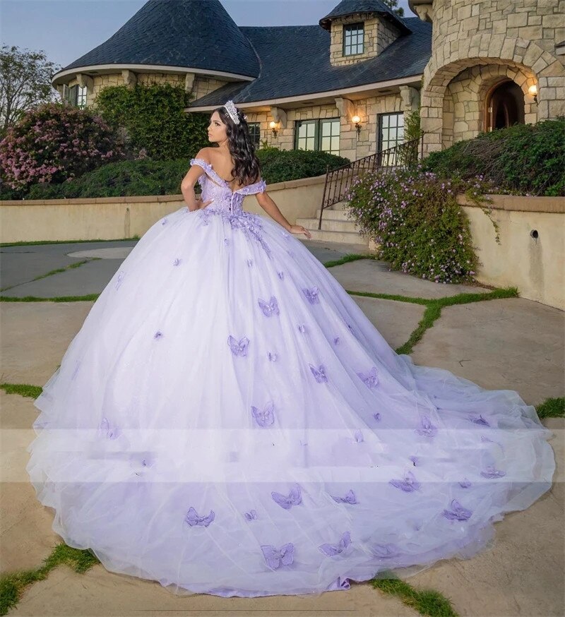Lilac Princess Ball Gown Quinceanera Dresses Off Shoulder Butterfly Appliques Crystal Vestido De 15 Anos 16th Prom Evening