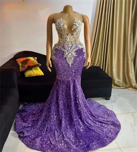 Stunning Purple Prom Dresses With Beaded Luxury Sequined Mermaid South African Evening Dress Elegant Birthday Party Sixteen Gown