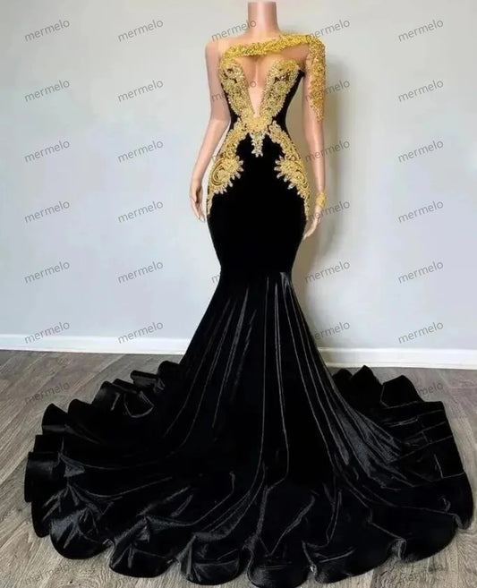 Sexy One Shoulder Black Mermaid Evening Dresses Gold Appliques African Women Gala Party Prom Gowns