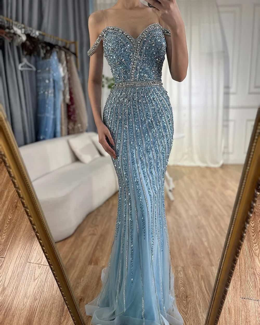2025 Blue Prom Mermaid Gown Beaded Luxury Saudi Evening Dress for Formal Occasion Customize
