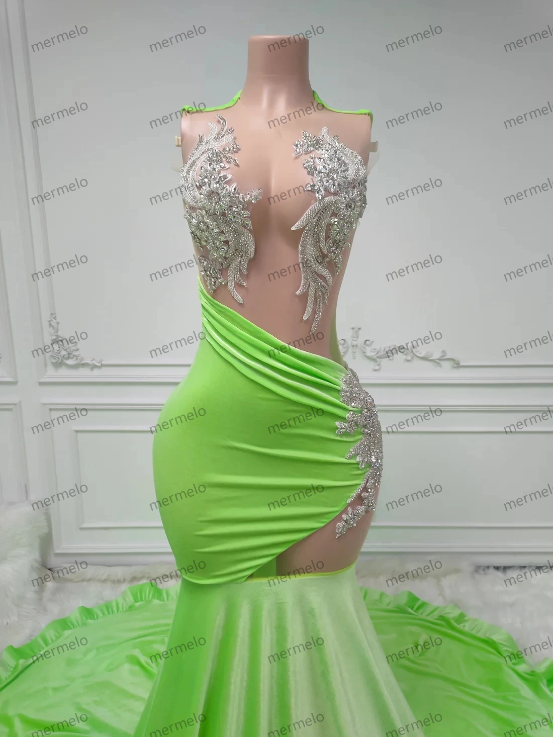 Green Long Prom Dresses For Black Girls Mermaid Sheer Crystals American African Evening Gown Birthday Party Robe Customized