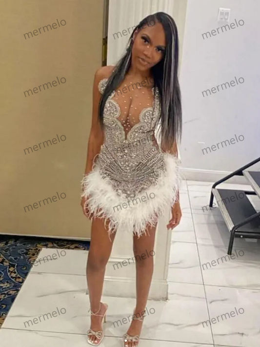 Short White Prom Dress For Black Girl Luxury Silver Diamond Feather Sheer Mesh Birthday Homecoming Gown