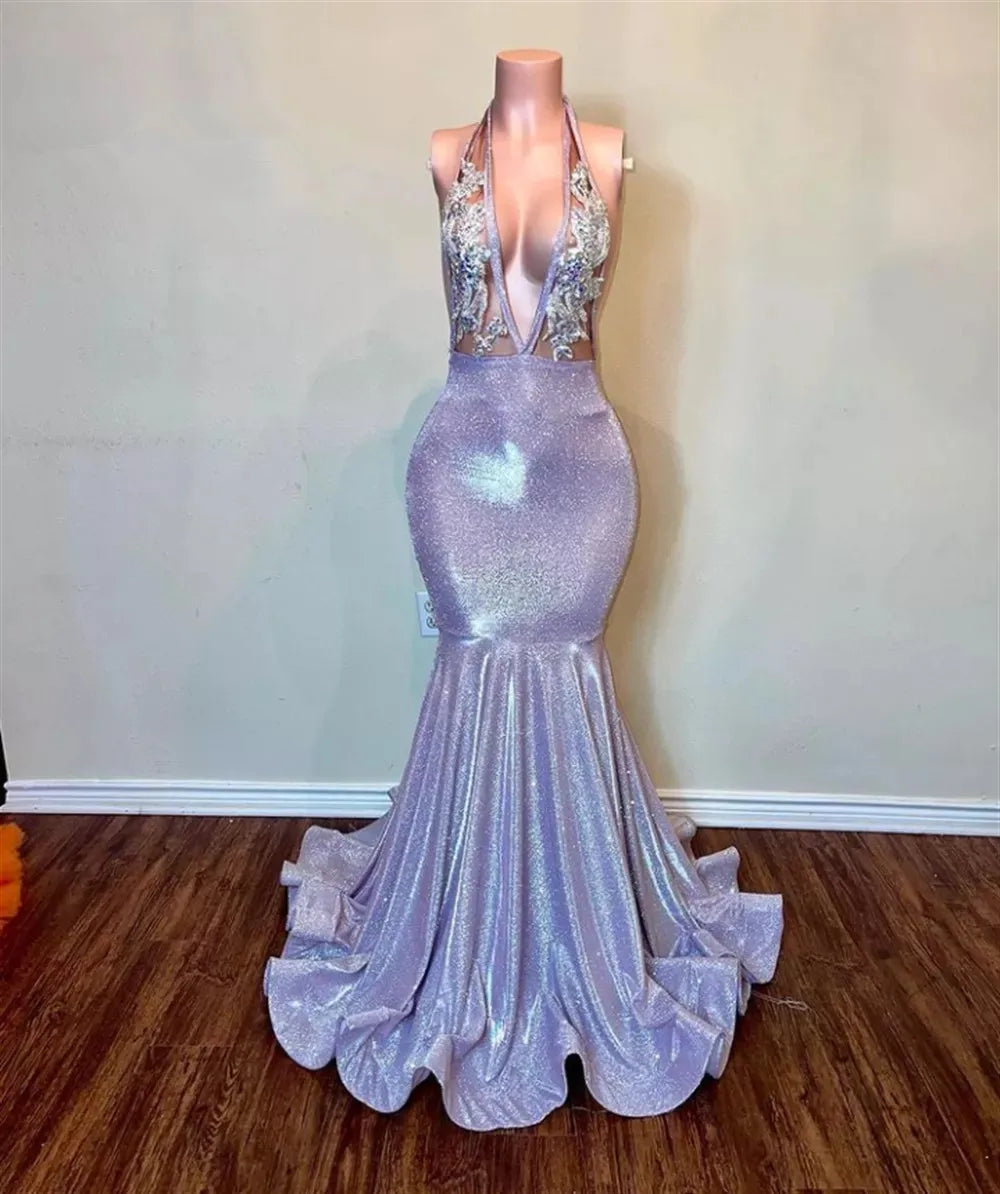 Backless South African Prom Dresses Mermaid Halter Sequins Appliques Black Girls Robe De Soiree Evening Dresses Gown Customized