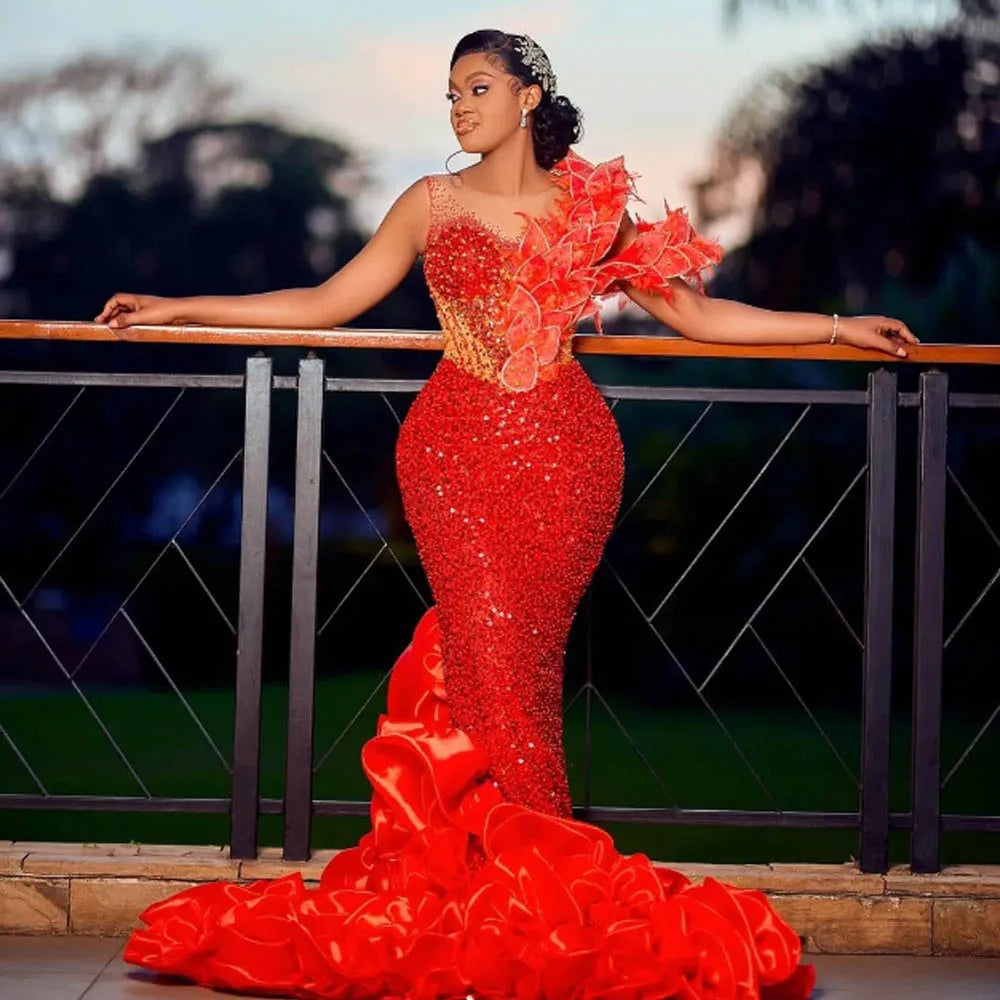 Aso Ebi Red Mermaid Prom Dresses Sleeveless Beads Sequins Appliques Plus Size Wedding Party Gowns Formal Evening Dress