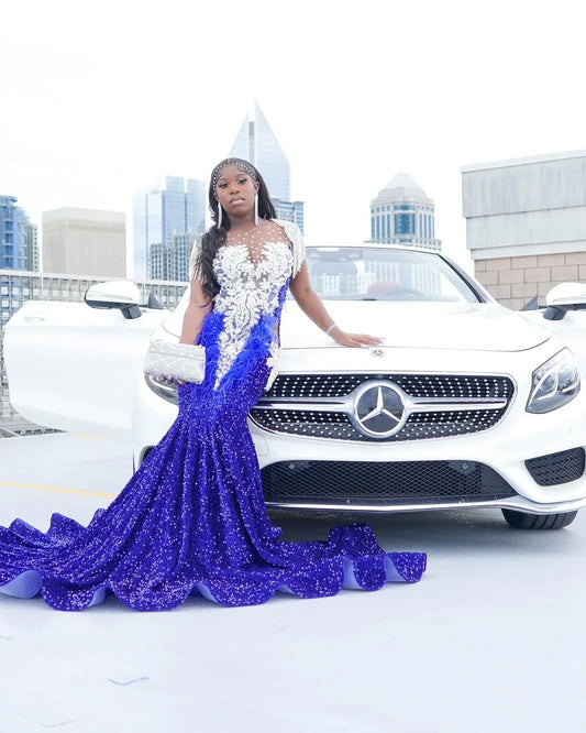Sparkly Velvet Sequin Royal Blue Mermaid Prom Dresses Long for Black Girls 2025 Feather Crystal Applique Evening Gown Customized