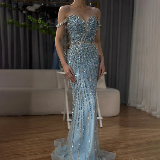 2025 Blue Prom Mermaid Gown Beaded Luxury Saudi Evening Dress for Formal Occasion Customize