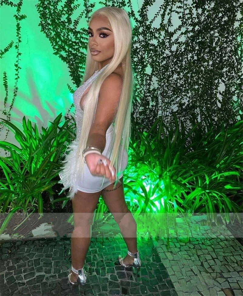 Sexy White Halter Short Sheath Prom Dresses Neck Crystal Feathers Cocktail Party Gown Graduation Robe