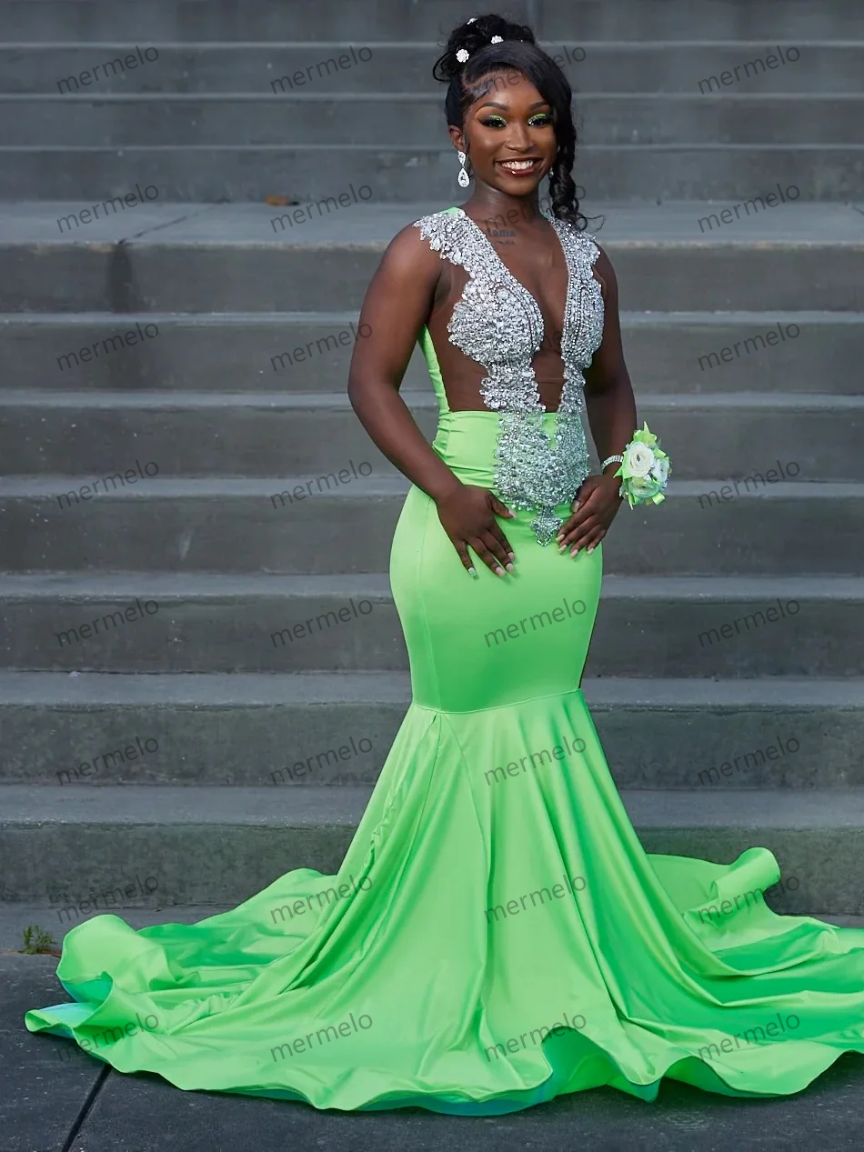 Green African American Prom Dresses For Black Girls Mermaid Sheer Crystals Elegant Robe De Soiree Evening Gown Customized