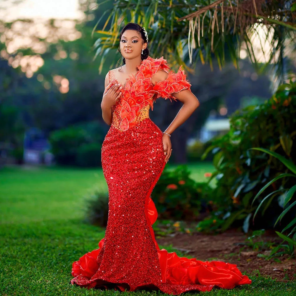 Aso Ebi Red Mermaid Prom Dresses Sleeveless Beads Sequins Appliques Plus Size Wedding Party Gowns Formal Evening Dress