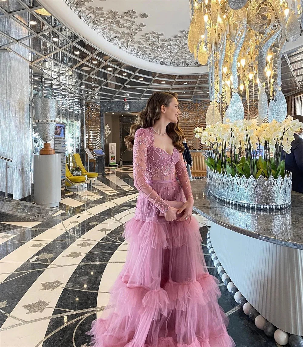 Dubai Purple Beading Tiered Ruffle Prom Dresses Heart Neckline Customized فساتين سهرات Long Sleeve robes de soirée
