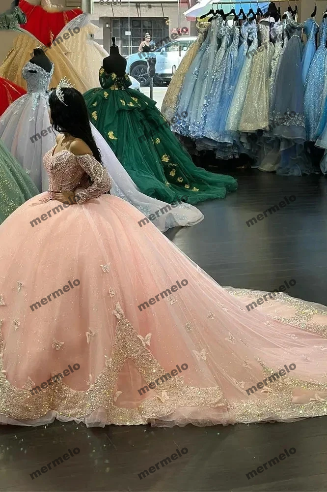 Glittering Pink Quinceanera Dresses Off-Shoulder Long Sleeves Butterfly Appliques Princess Birthday Party Vestidos