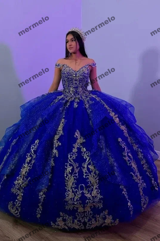 Royal Blue Mexican Quinceanera Dresses Crytals Gold Beading Lace Birthday Party Princess Gown