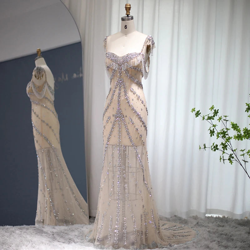 Mermaid Luxury Dubai Evening Dress Tassel Beads Long Prom Graduation Party Gown