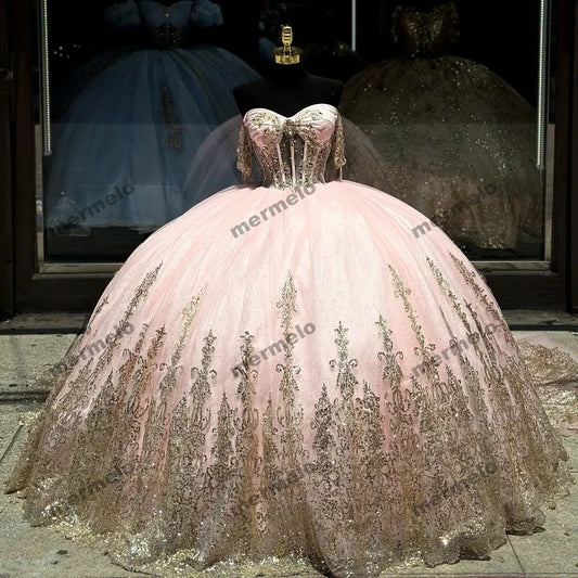 Pink Ball Gown Quinceanera Dresses Short Sleeves