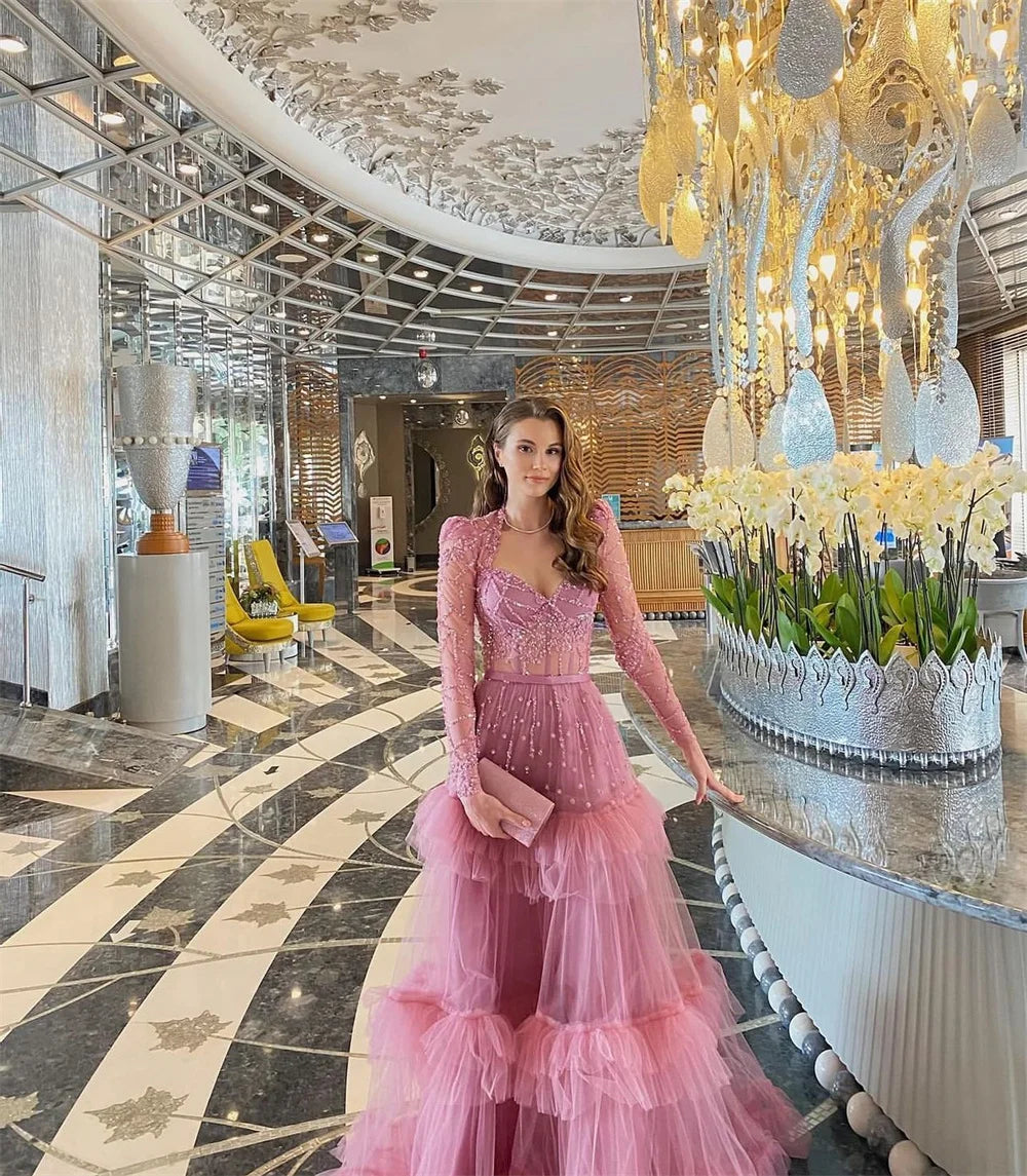 Dubai Purple Beading Tiered Ruffle Prom Dresses Heart Neckline Customized فساتين سهرات Long Sleeve robes de soirée