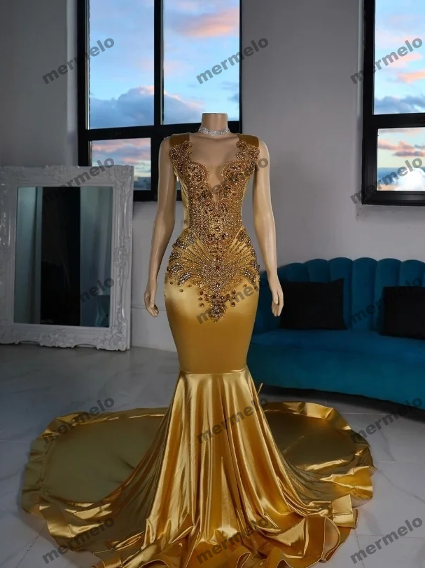 Gold Satin Mermaid Prom Dress For Women Glitter Diamante Applique Skinny